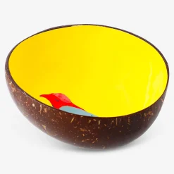 Ciotola decorativa in cocco con uccellino dipinto a mano - 13 cm